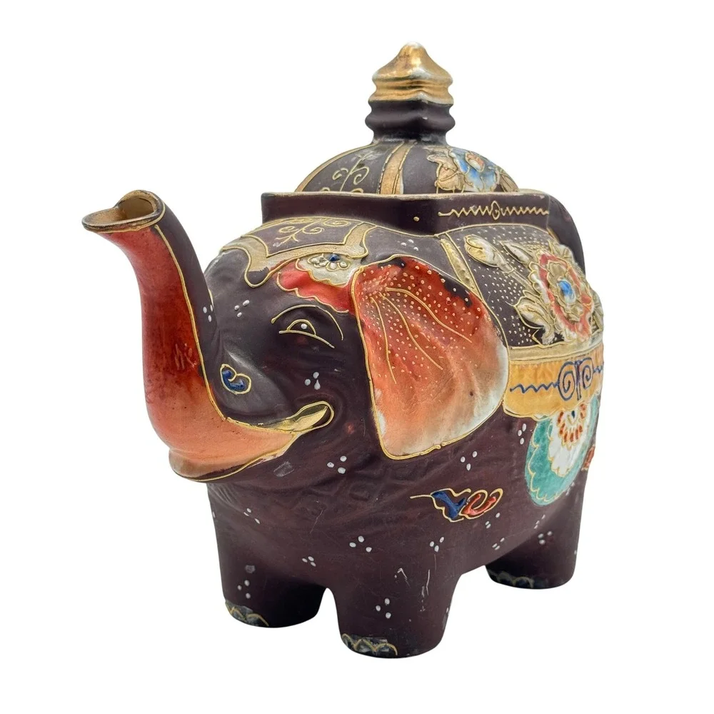 Elephant Teapot‎ Made In Japan Moriage Hand Painted Art Deco Kutani Style Enamel